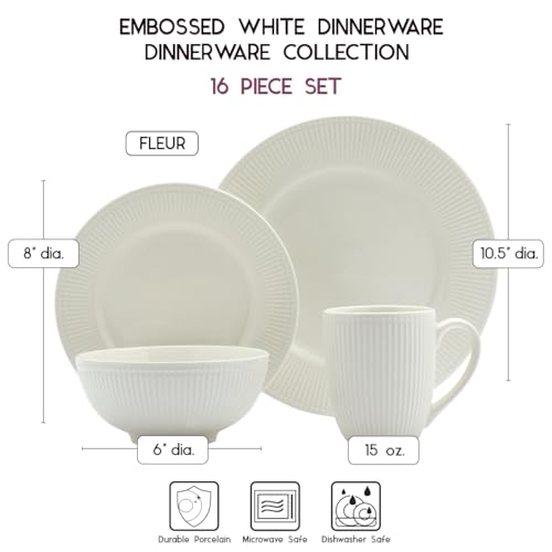 Image of Tabletops Gallery Embossed Bone White Porcelain Round Dinnerware Collection- Chip Resistant Scratch Resistant, Fleur 16 Piece Dinnerware Set (Dinner Plate, Salad Plate, Cereal Bowl, Mug)