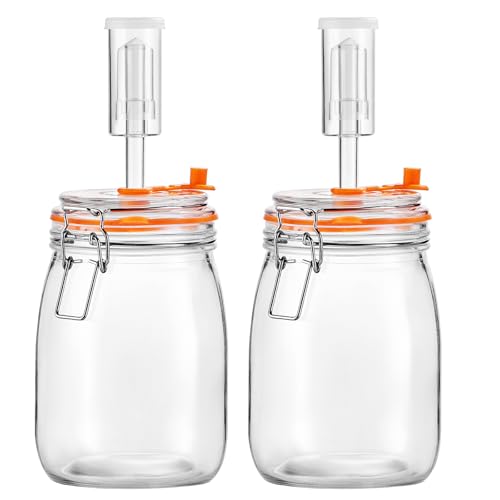 Glolaurge Fermentation Jar Set, 1.1 Litres Glass Jars for Sauerkraut, Kimchi, Pickles, Mead, Cider & More - Pack of 2