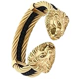 Klapgo Men's Gold Bracelet Viking Lion Head 316 Stainless Steel Leather Open Cuff Leather and Rope Chain Gothic Vintage Animal Totem Bangle