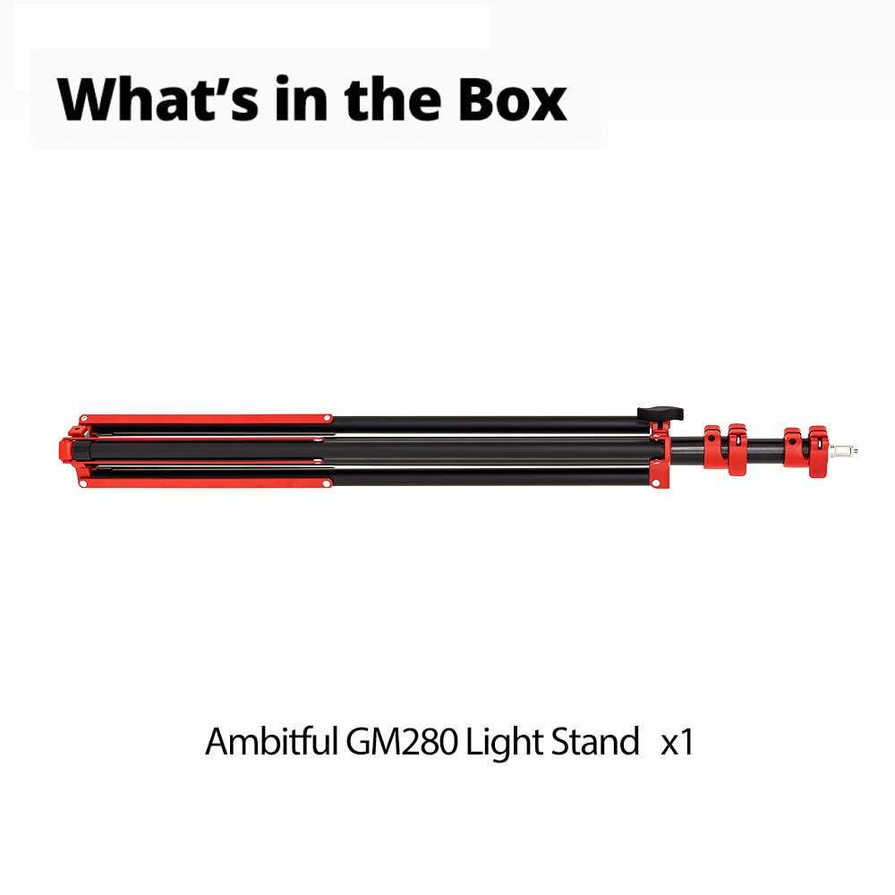 AMBITFUL GM280P Stojak na światło z amortyzacją powietrzną, obciążenie 10 kg, wysokość 108-280 cm, czerwony akcent z klapką na czarnym korpusie do oświetlenia pierścieniowego, aparatu, LED