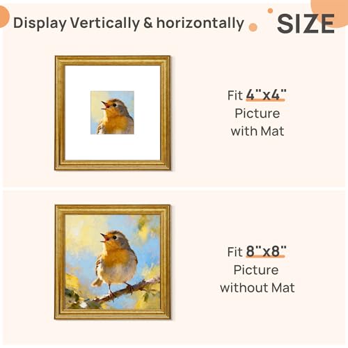 Image of upsimples 8x8 Picture Frame, Vintage Frames Decor, 1Pack Gold | Fit 4x4 and 8 x 8 Square Photo, Wall or Tabletop Display, Antique-style Decoration, Rustic Farmhouse Decor, For Weddings