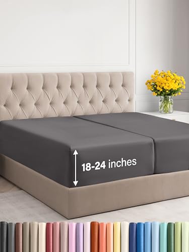 Extra Deep Split King Fitted Sheet - Hotel Luxury Single Fitted Sheet Only - Easily Fits 18 inch to 24 inch Mattress - Ultra Soft, Wrinkle Free w/Extra Deep Pockets - Breathable & Comfy - Dark Grey