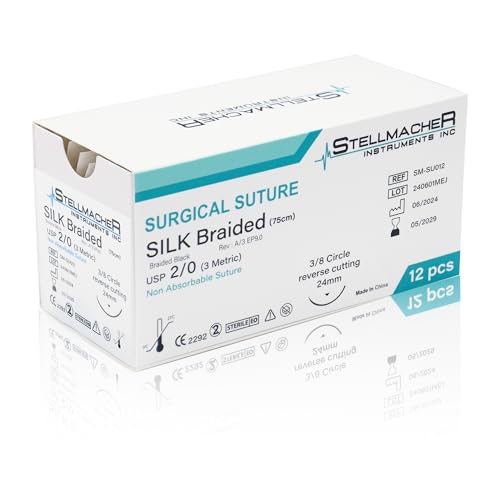 StellMacher Sutures Thread with Needle Silk Braided | 12 Pcs Surgical Practice Sutures for Medical & Nursing Students | Training Sterile Stitching, First Aid Emergency Travel, Vet Demo Use (Silk 2/0)