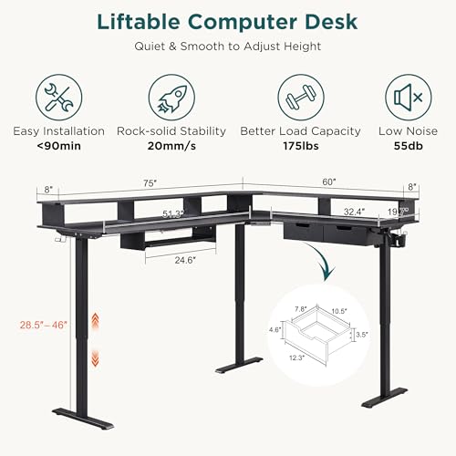 Image of RedLemon 75X60 Inches L Shaped Electric Standing Desk, Height Adjustable Corner Gaming Desk with Drawers, Power Outlets & LED Lights, Computer Desk with Monitor Shelf, Carbon Fiber Black