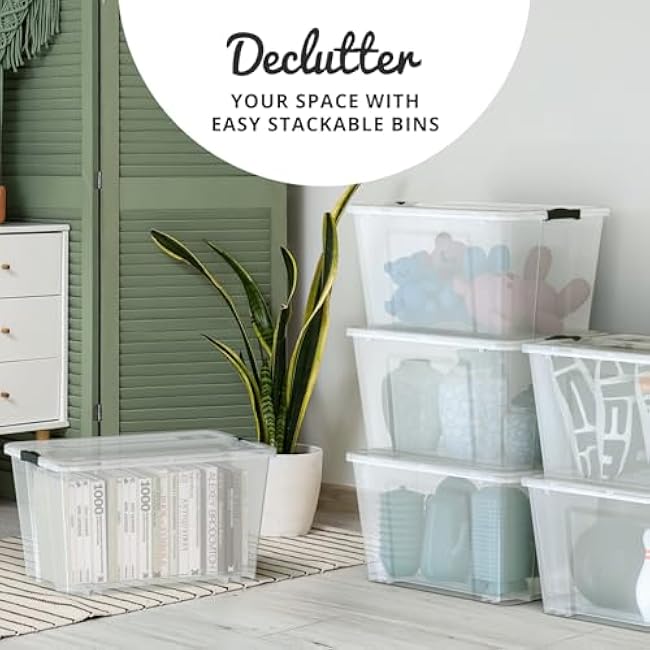 Lifetime Appliance Parts 6 PACK 54 Qt. Plastic Storage Bin Tote Organizing Container with Ultra Durable Lid & Secure Latching Buckles Stackable Extra Strength Clear w/Black Handle