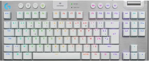 Logitech G G915 X LIGHTSPEED TKL Clavier gaming sans fil ultra-plat, touches PBT double couche, touches entièrement programmables, rétroéclairage RVB, GL Brown Tactile - PC/Mac, FRA AZERTY - Blanc