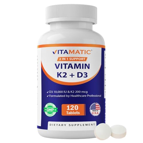 Vitamatic Vitamin D3 K2 Supplements with 10,000 IU Vitamin D + 200mcg Vitamin K MK-7, 120 Tablets...