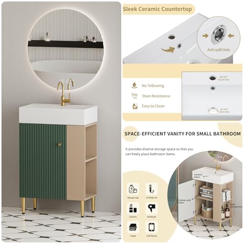 Image of 21.6 inch Freestanding Bathroom Vanity with Ceramic Sink, Green | Ceramic Sink, Wave-Pattern Door & Two-Layer Right Open Compartment, Bathroom Storage Cabinet, Easy Installation