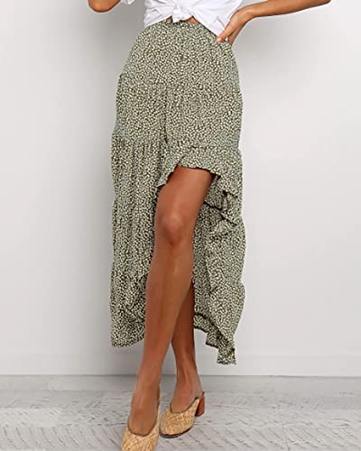 Btfbm Women 2023 Summer Spring Boho Long Skirts Dress Floral Print Elastic Waist Split Ruffle High Low Beach Maxi Skirt(Green, X-Large) #TOP1