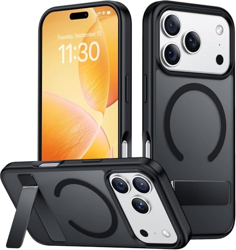 Image of Elzzi Translucent Matte Kickstand Case for iPhone 17 Pro, Built-in Adjustable Camera Stand, Magnetic MagSafe Shockproof Phone Cover (Black)