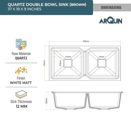 Image of ARQUIN Double Bowl Quartz Kitchen Sink 37x18x9 Inch Brown | Durable & Scratch-Resistant Sink | Undermount,Topmount | Including Coupling,Sink Connector,Waste Pipe & Fruit Washing Basket