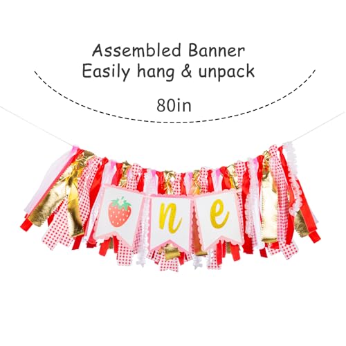 Image of Strawberry Highchair Banner - 1st Birthday Decoration, Sweet One Birthday Party Supplies for Girl Shower, Pink and Red Fairy Strawberry Photo Props