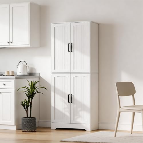 Image of Farmhouse Pantry Cabinet, 71" Tall Wood Kitchen Storage Cabinet with 4 Doors & Adjustable Shelves, Large Freestanding Food Pantry Cupboard with Anti-Tip Kit for Kitchen, Dining Room, Living Room