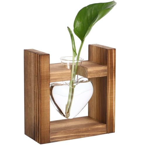 HOMOCONO Jarrón para Plantas Hidropónicas Soporte de Madera Diseño Forma de Corazón Apto para Arreglos y Decoración de Escritorio