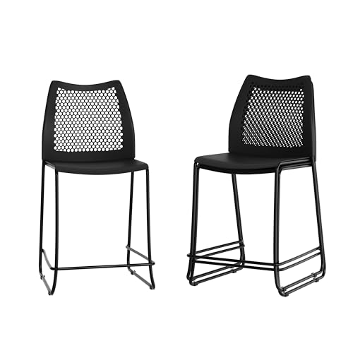 Flash Furniture Hercules Stacking Counter Height Stool with Vented Backrest and Black Powder Coated Steel Sled Base with Integrated Footrest, Commercial Portable Stool, Set of 3, Black