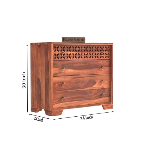 Image of Sheesham Wood Dressers Chests of 4 Drawers | Kitchen Crockery Cabinet Unit | Sideboard Storage Cabinets | Bedroom Furniture | Wooden Chests of Drawers (Honey Finish)