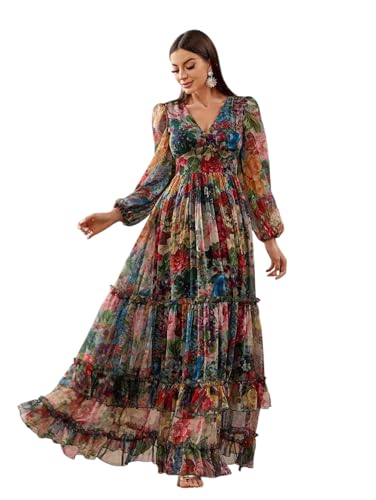 Image of LITZO Women's One Piece Dress - Georgette Floral Printed Western Gown | Long Sleeve V Neck Fit & Flare Flared Hem Design | A-Line Maxi Dress for Women | New Year Party Outfit (NO-29-31)