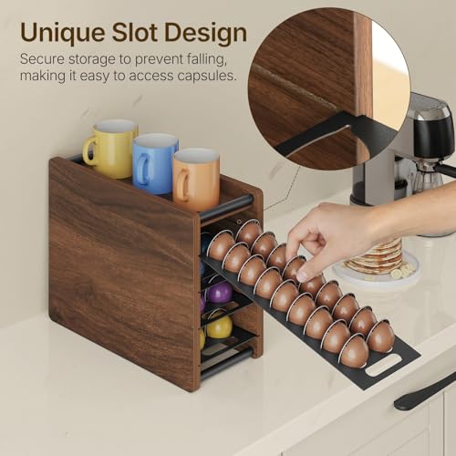 Image of YATINEY Coffee Pod Drawer Holder, 72 Pods Large Capacity, 4 Tier Holder for Vertuo, Coffee Pod Organizer for Countertop, Storage Rack for Nespresso Vertuo Pods, Space Saving, Walnut KH06BH