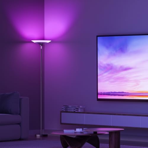 Image of SIBRILLE RGB Torchiere Floor Lamp - 30W Dimmable LED Standing Lamp with Remote, Multi Color Changing, 72in Tall Corner Light, Bright Standing Pole Light for Office Living Room Bedroom Basement, Black