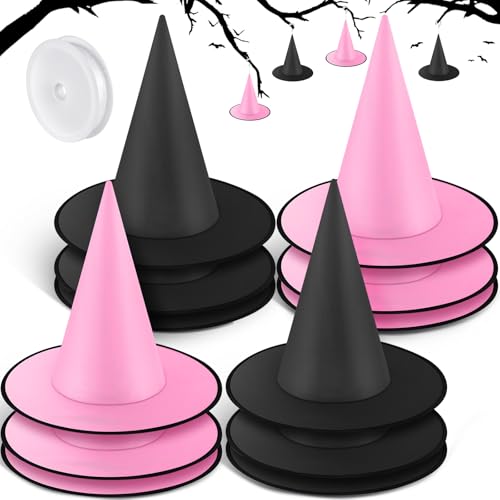 Suhine 12 Pcs Halloween Witch Hat Bulk Hanging Decor with Rope Costume Accessories for Porch Yard Indoor Outdoor Decor(Classic,Black, Pink)