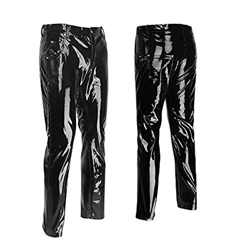 DISKEY Men's PU Faux Leather Pants Casual Long Slim Fit Straight Leg Bliker Pants3