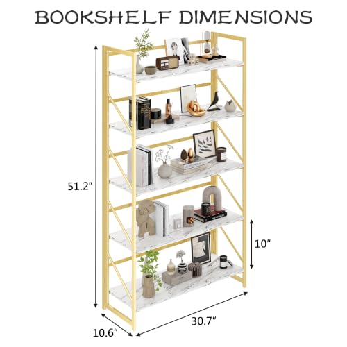 Image of JSB 5 Tier No Assembly Folding Bookshelf, 30.7 inch Wide Foldable Storage Bookcase for Home Office, Space-Saving Storage Shelf for Living Room (White&Gold)