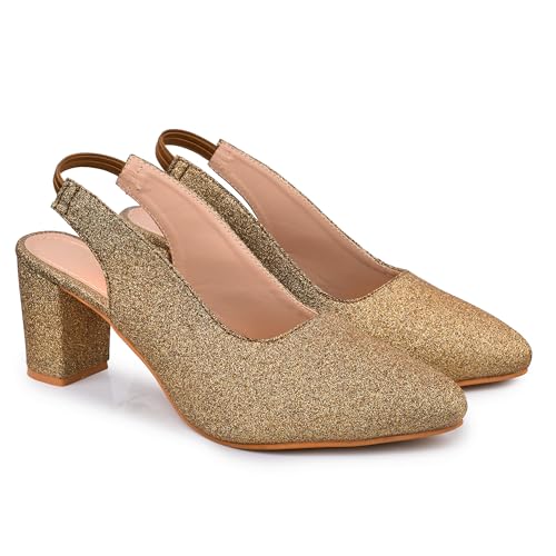 Image of Classic Closed Pointed Toe Mid Block Thick Heel Slingback Pumps for Women Signora104| Glitter Fabric Dress Shoes | Wedding Party | Evening Trendy Signora104