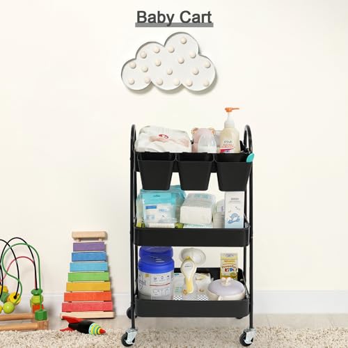 danpinera 3-Tier Rolling Cart, Utility Cart Mobile Metal Rolling Storage Cart with Lockable Wheels & Hanging Cups & Hooks for Kitchen, Bathroom, Office, Workshop, Black
