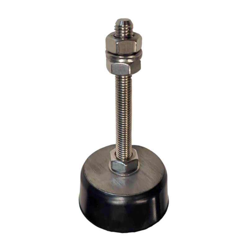 Patas Nivelación Industriales, 115 mm alto, regulación de 35 a 105 mm. Peso soportado: 150 kg por pata. Diámetro goma 60 mm. Rosca M10, Antivibración y antideslizante, Acero Inoxidable A4, Pack de 4