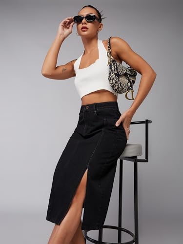 Image of Dolce Crudo Women's Flared High-Rise Stretchable Denim Maxi Skirt