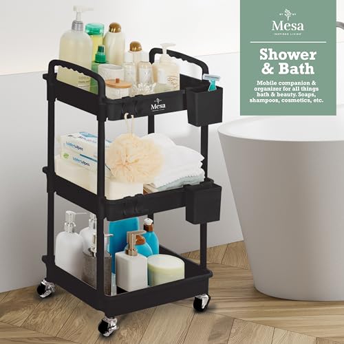 Inspired Living 3-Tier Plastic Rolling Utility Cart with Handle, Lockable Caster Wheels 2 Bins 3 Hanging Baskets & 4 Hooks, Multi-Functional Storage Trolley, for Kitchen, Living Room, Bathroom, Black - Thumbnail 5