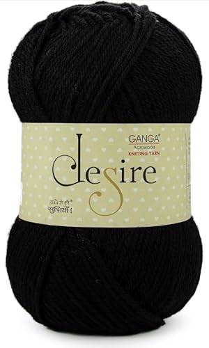 Image of Ganga Acrowools Acrylic Desire Hand Knitting and Crochet Yarn. Pack of 1 Ball - 100Gms. Shade No - (Des03) Black