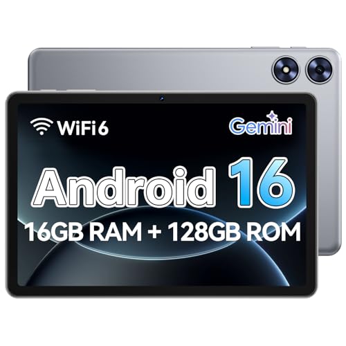 Frameflow Tablet 10 inch, Android 16 Tablet with Octa-Core Processor, 16GB RAM 128GB ROM 1 TB Expandable, 1280x800 IPS Touch Screen, GPS, 8H Battery, WiFi 6, BT 5.0, 2MP+8MP Dual Camera (Blue) (Gray)