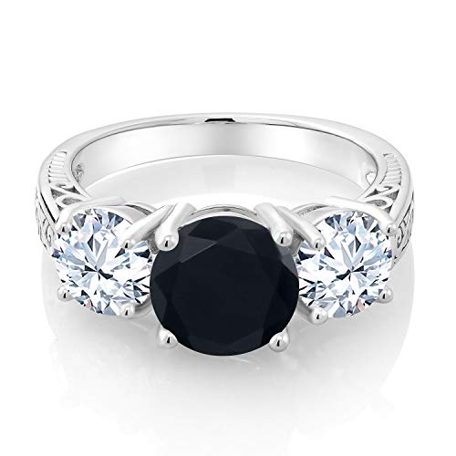 Gem Stone King 925 Sterling Silver Black Onyx and White Created Sapphire 3-Stone Engagement Ring For Women (3.65 Cttw, Round Gemstone Birthstone, Available in size 5, 6, 7, 8, 9)2