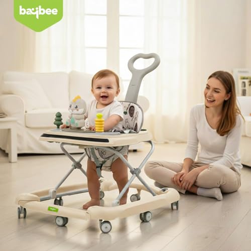 Image of Baybee 3-in-1 Convertible Baby Walker for 6-18 Months with Rocking Mode, Removable Toy Bar, Inbuilt Music, 3-Level Height Adjustment, Smooth Wheels & Parental Handle | Foldable Infant Activity Walker with Cushioned Seat (Beige)