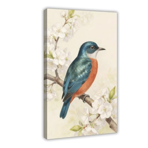Glossy Teal & Coral Bird Perched on White Cherry Blossoms