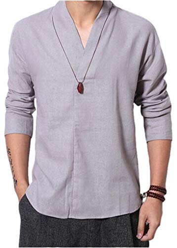 Cafuny Mens Long Sleeve V Neck Natural Linen Popover Shirt Casual Henley T Shirt Top L Gray