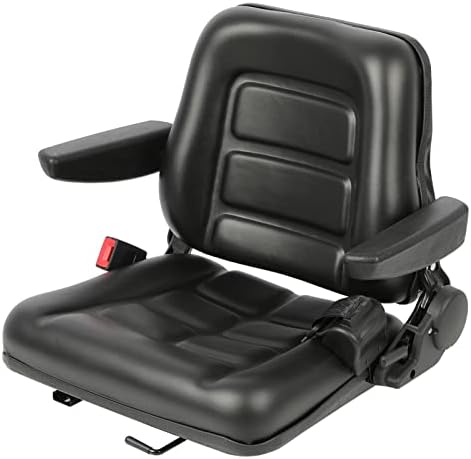 DIYAREA Universal Tractor Seat Replacement Black Forklift Seat PVC Mower Seat with 180° Adjustable Backrest Angle,Armrests,Seat Belt and Slide Fits Most Heavy Mechanical Seat
