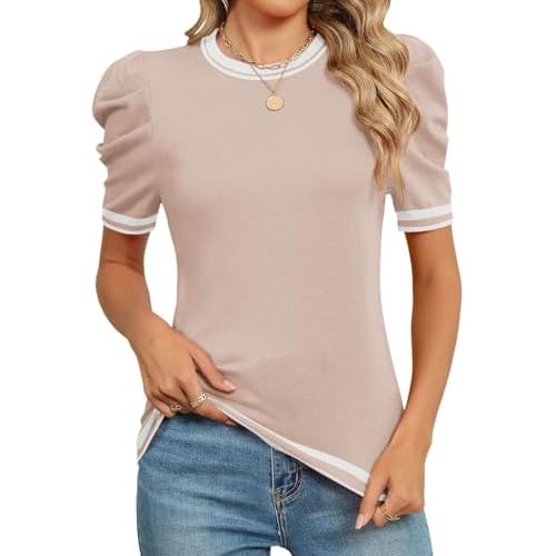 AKEWEI Puff Short Sleeve Sweater for Women Tops Trendy Spring Summer 2025 Business Casual Outfits Knit Crewneck Shirt Blouses
