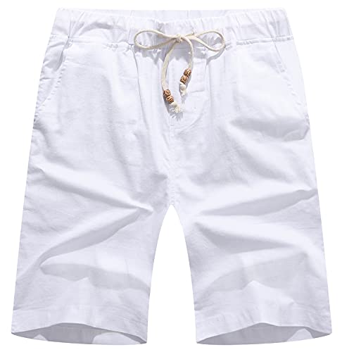 Yuanyi Men s Linen Casual Classic Fit Short Summer Beach Shorts with Elastic Waist and Pockets White M