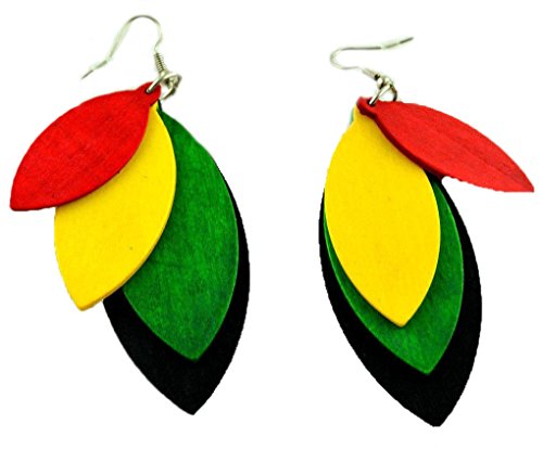 MM Women's Rasta Dangling Hoop Wooden Earrings with Silvertone 3.75