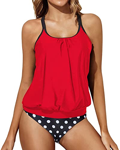 Tempt Me Red Polka Dot Blouson Two Piece Tankini Swimsuits For Women Tummy Control Bathing Suits With Bottoms Modest Teen Girls Swimwear L #TOP20