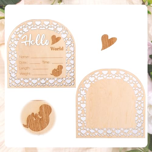Image of Baby Announcement Sign, 5.5 Inch Wooden Birth Announcement Board Hello World Welcome Newborn Sign Arch Shape Baby Name Sign for Girl Boy Photo Prop Baby Shower Nursery Hospital