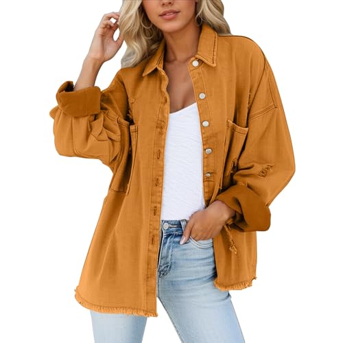 Genérico 2026 Chaqueta Entretiempo Mujer Chaqueta vaquera lavada con dobladillo para mujer, estilo europeo (Orange, M)