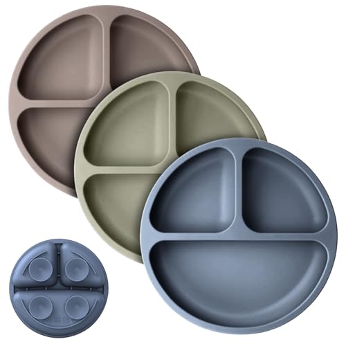 Image of Cutebe 3 Pack Suction Plates for Baby Food Grade Silicone Baby Plates with Suction Microwave & Dishwasher Safe Toddler Plates Divided Design & Raised Edges Toddler Dishes for Feeding