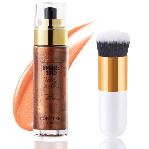 Body Shimmer Oil, Body Luminizer, Aceite para el Cuerpo Brillante, Iluminadora para la Cara y el Cuerpo, Glitter Iluminador Liquido con Pincel de Maquillaje, Liquid Body Highlighter (Bronze Oro)