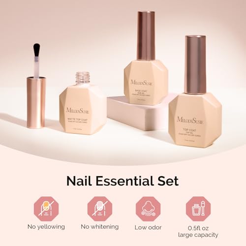 Image of MelodySusie Top Coat Matte Top Coat Base Coat No Wipe Glossy Set Long Lasting Shine Finish Soak Off UV LED Nail Lamp Nail Art Design Manicure Kit Perfect Gifts for Women Girls 3 Pcs 15ml Clear