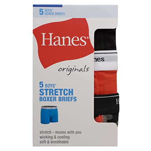 Hanes Originals Boys Boxer Briefs, Moisture-Wicking Cotton Stretch Underwear, Assorted 5-Pack