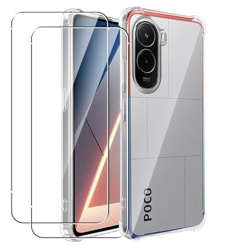 MEMELOKA Funda para Xiaomi Poco M7 4G con 2 Piezas Cristal Templado, Carcasa TPU Transparente Flexible Anti arañazos con Esquinas Reforzadas, Silicona Ultrafina Anti Choques Funda