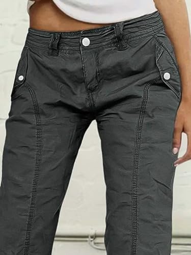 Flamingals Straight Leg Pants for Women Mid Rise Casual Button Design Flap Pockets Seam Detail Bootcut Pants2